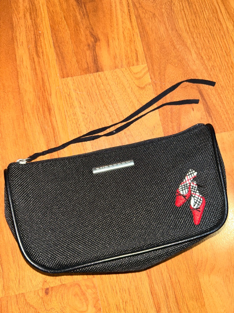 Authentic Burberry Black Canvas Zippered Pouch With Embroidered Shoes